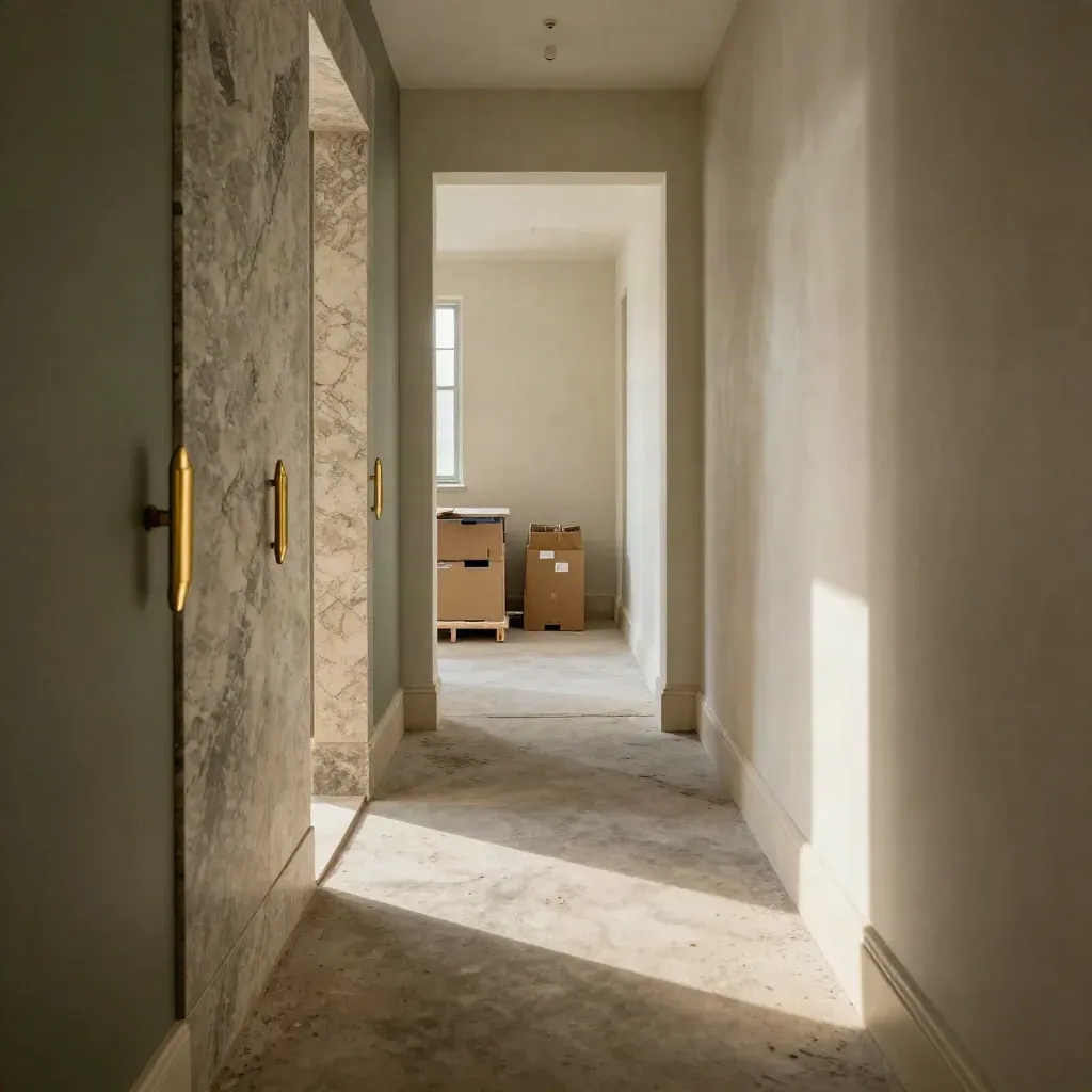 Couloir d’appartement en rénovation avec échantillons de pierre, laiton et cartons fermés.