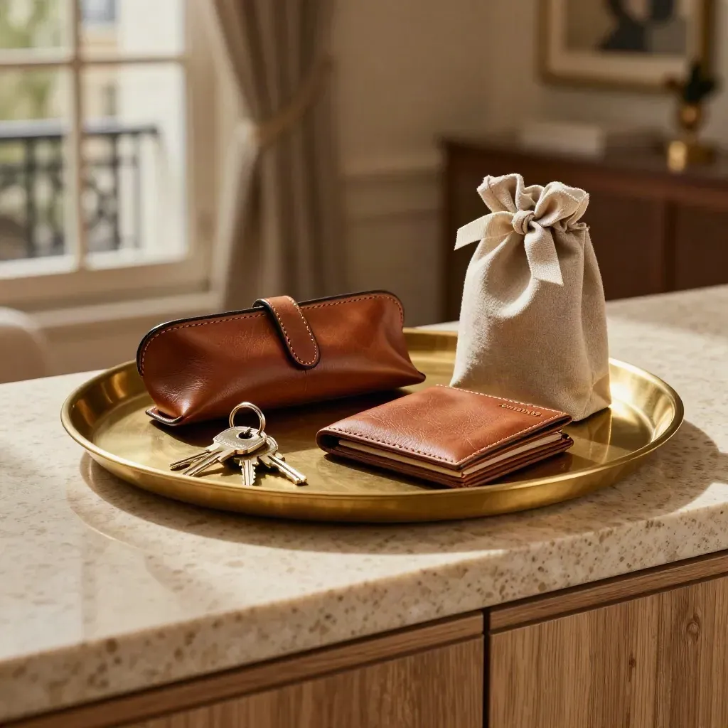 Valet tray avec clés, étui de lunettes, portefeuille fermé et petit sac cadeau sur console d’entrée.