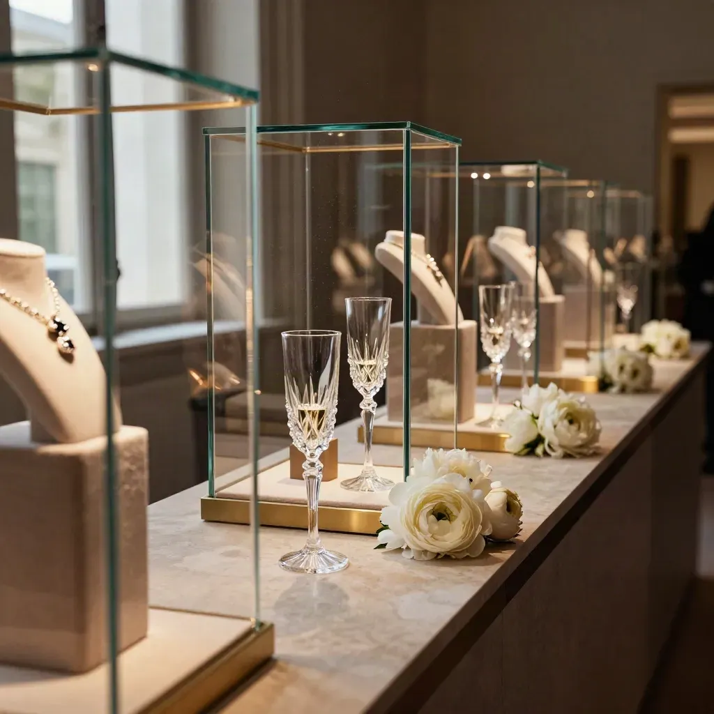Salon de presse vide avec vitrines de bijoux, flûtes de champagne et fleurs blanches.