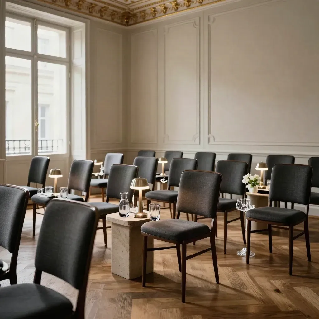 Salon parisien prêt pour un séminaire discret, chaises alignées et carafes d’eau sous moulures.