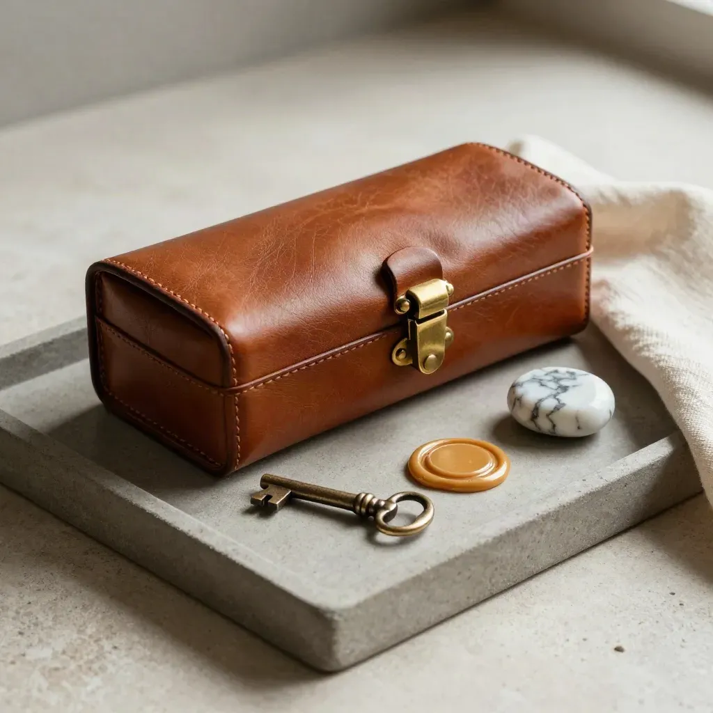 Coffret cuir, clé retournée, sceau de cire et galet de marbre sur plateau de pierre.