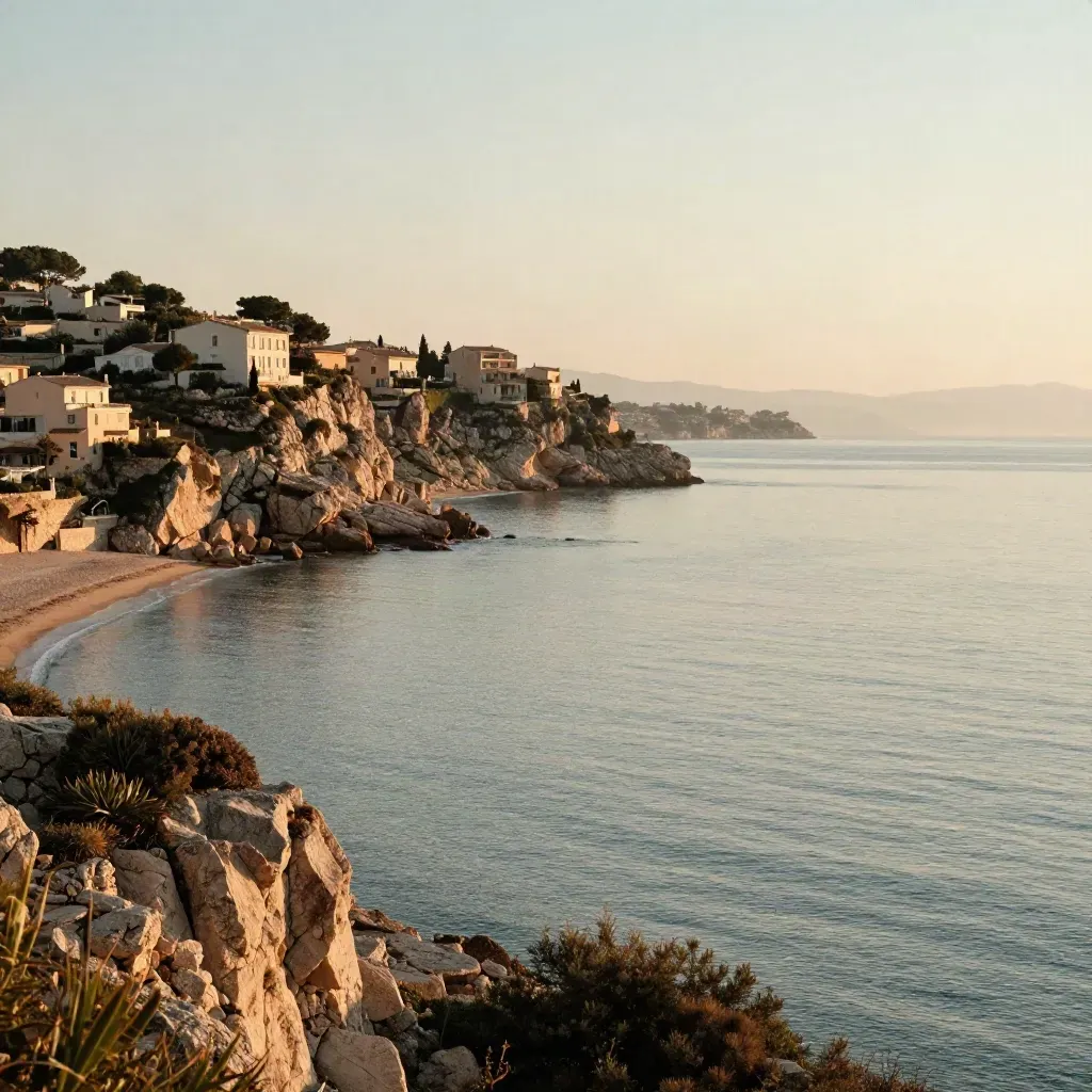 Baie méditerranéenne dorée au soleil, corniche haute et mer lisse sous une brume légère.