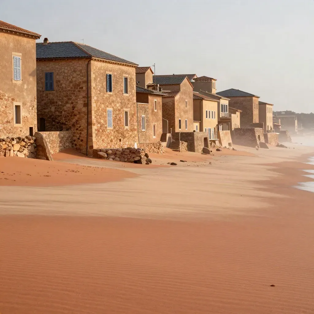 Façades de pierre blonde sur une étendue d’argile et de sable clair sous un ciel laiteux.